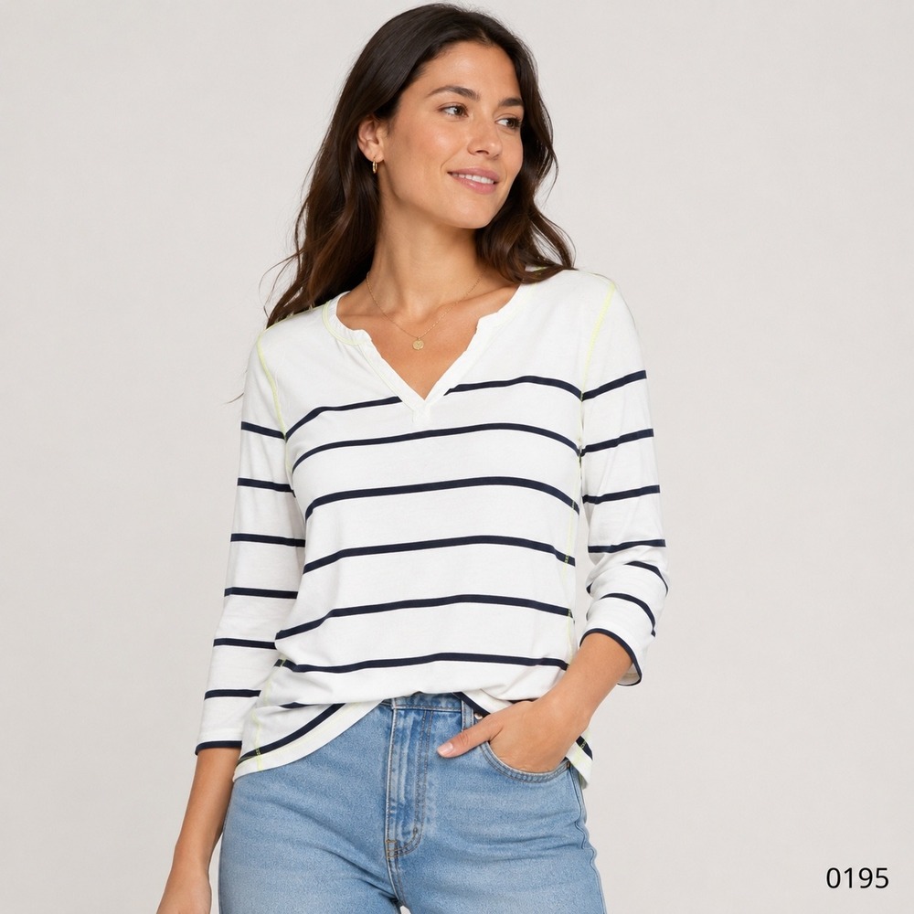 Gap Womens White Navy Striped 3/4 Sleeve Split V-Neck Tee Neon Stitching Medium